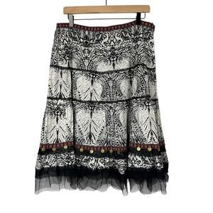 KAS Designs Womens Tiered Ruffled 100% Cotton Long Skirt PXL Black White Boho